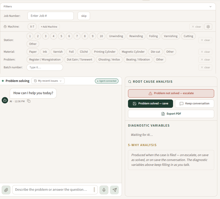 SoloWhy capture screen: guided problem-solving chat with machine, station and material filters